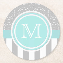 Cyan, Grey And White Motif Sriped Monogram Coaster
