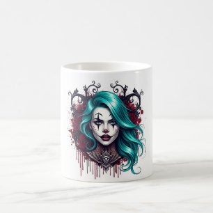Cyan Haired Clown Queen - Spooky Chic Design Coffee Mug