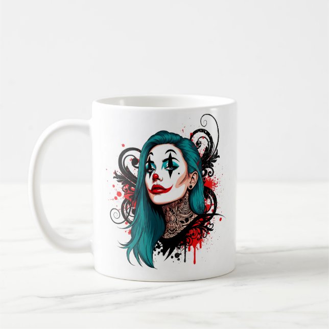 Cyan Haired Clown Queen - Spooky Chic Design Coffee Mug (Left)