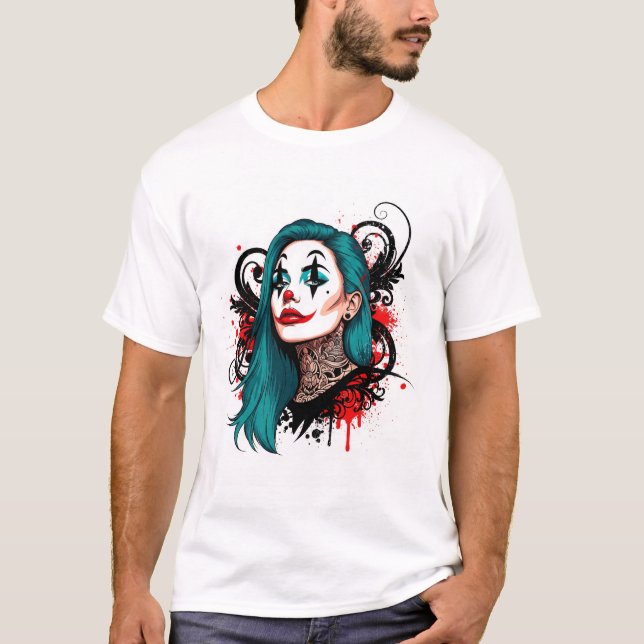 Cyan Haired Clown Queen - Spooky Chic Graphic T-Shirt (Front)
