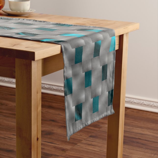 Cyan image under grey plates, rectangle shapes long table runner (In Situ)