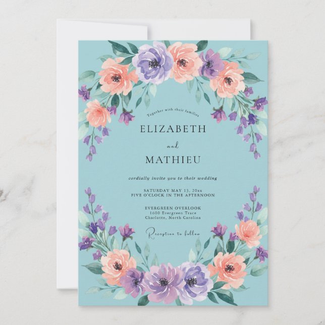 Cyan Lavender Peach Floral Wedding Invitation (Front)