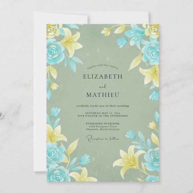Cyan Lemon Lily Wedding Invitation (Front)