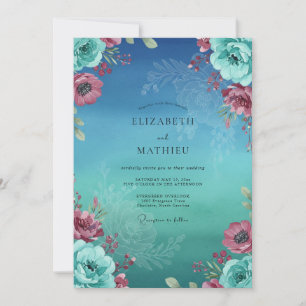 Cyan Magenta Ranunculus Eucalyptus Wedding Invitation