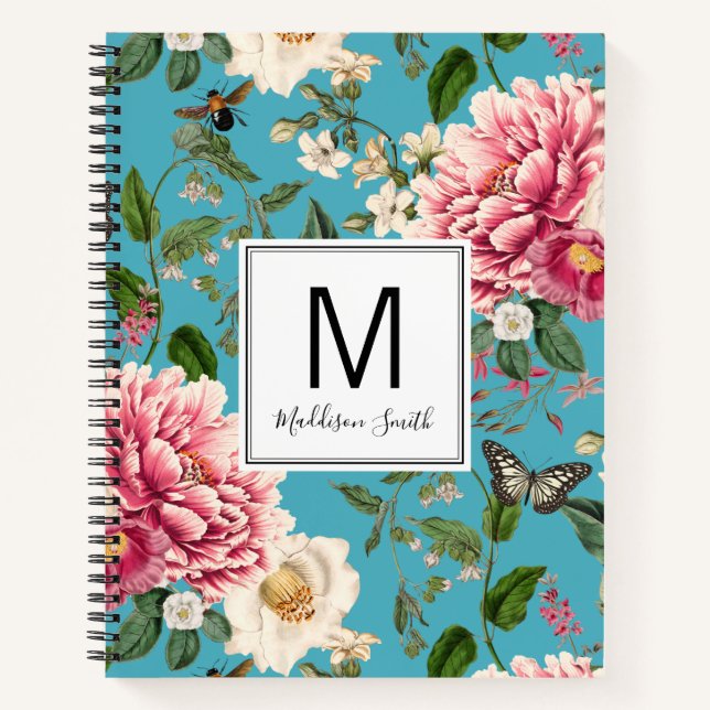 Cyan Monogrammed Country Garden Floral Pattern Notebook (Front)