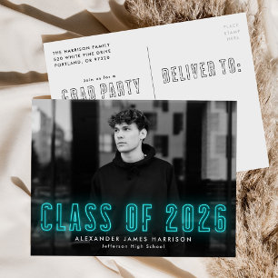 Cyan Neon Class of 2025 Photo Graduation Party Invitation Postcard