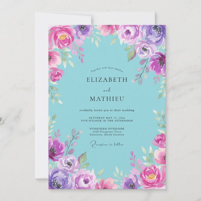Cyan Orchid Bloom Wedding Invitation (Front)
