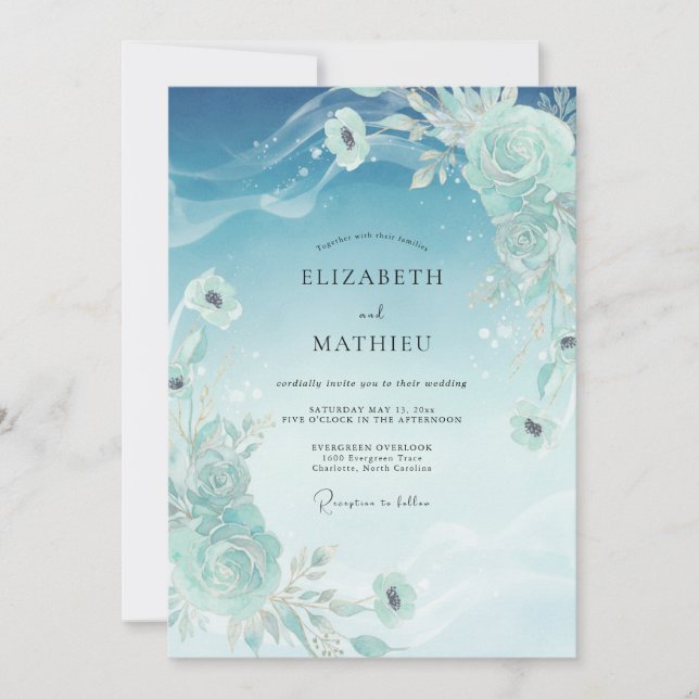 Cyan Painted Bloom Wedding Invitation (Front)