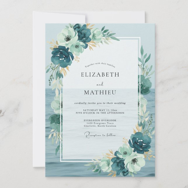 Cyan Painted Leaf Wedding Invitation (Front)