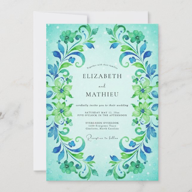 Cyan Painted Vine Wedding Invitation (Front)