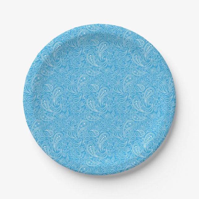 Cyan paisley pattern paper plate (Front)