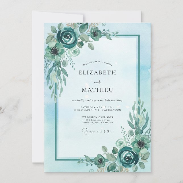 Cyan Peony Wedding Invitation (Front)