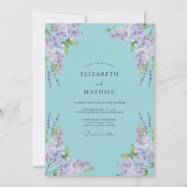 Cyan Periwinkle Wisteria Wedding Invitation (Front)