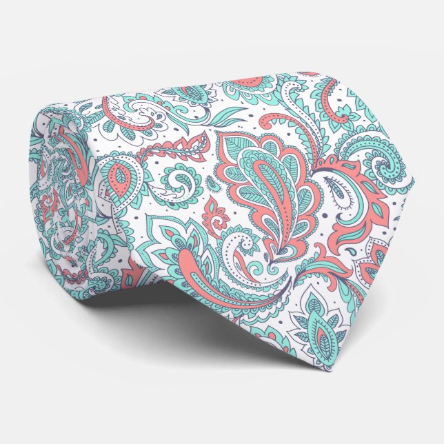 Cyan pink beautiful vintage ornamental pattern tie (Rolled)