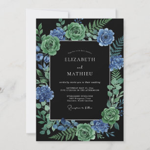Cyan Ranunculus Black Eucalyptus Wedding Invitation