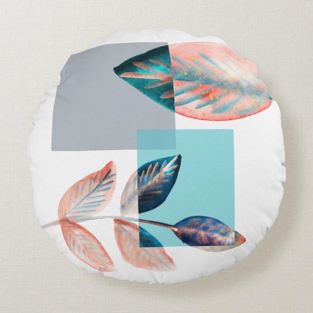 Cyan Red Leaf Round Cushion (Front)