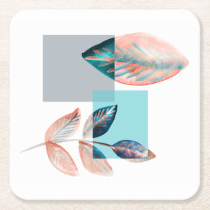 Cyan Red Leaf Square Paper Coaster