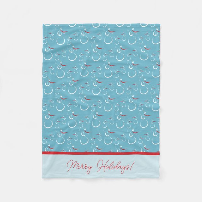 Cyan Red Merry Holidays Cute Snowman Pattern Fleece Blanket (Front)