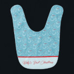 Cyan Red Snowman Pattern Baby's First Christmas Bib<br><div class="desc">Tiled pattern of a simple white line drawing of a snowman family with red scarves,  carrot noses,  and stick arms open to joyfully embrace the winter season. Use the easy text template to add a baby name and special message to the front and back. ♡ Idyllfire</div>
