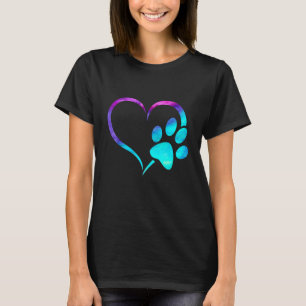 Cyan teal blue purple Dog paw print heart puppy pe T-Shirt