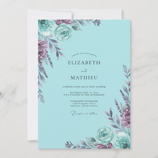 Cyan Violet Wildflower Wedding Invitation (Front)