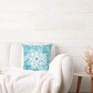 Cyan Watercolor Snowflake  Cushion