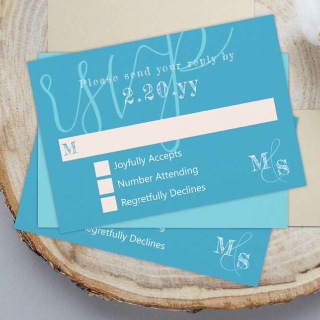 Cyan White Calligraphy Wedding RSVP Card (turquoise cyan aqua aquamarine rsvp card elegant calligraphy script wedding return reply card)