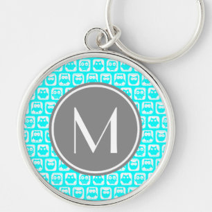 Cyan & White Owl Pattern Grey Round Keychain