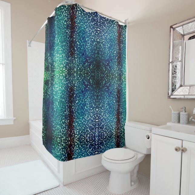 Cyanish blue mosaic style on grainy hammered glass shower curtain (In Situ)