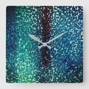 Cyanish blue mosaic style on grainy hammered glass square wall clock