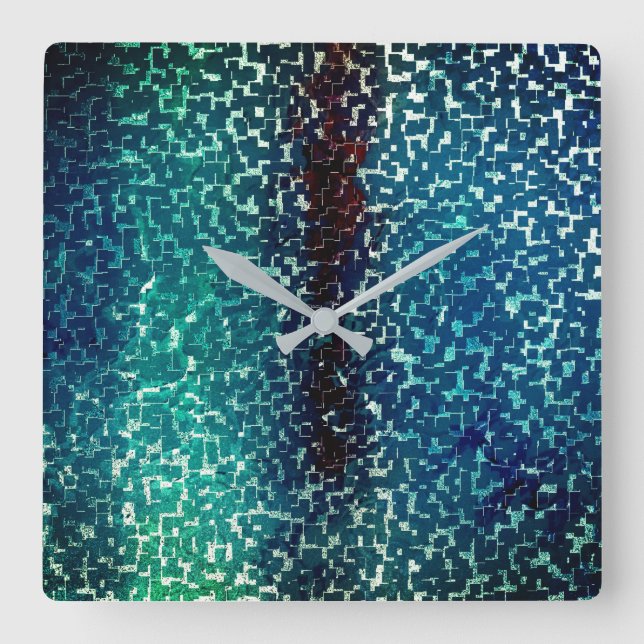 Cyanish blue mosaic style on grainy hammered glass square wall clock (Front)