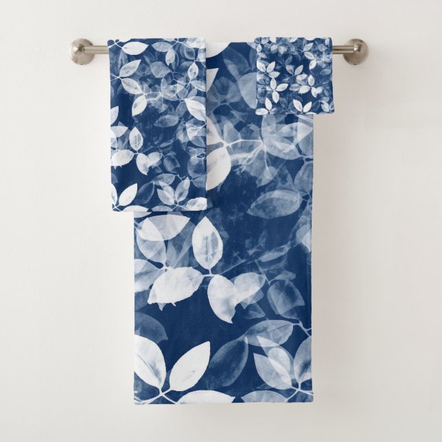Cyanotype Blue Leaf Print Bath Towel Set (Insitu)