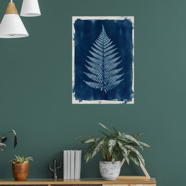 Cyanotype Fern Botanical Art Poster | Blue Fern Le (Living Room 1)