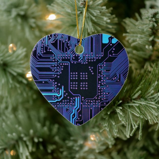 Cyber Blue PCB Circuit Board Trace Pattern Art Ceramic Ornament (Tree)