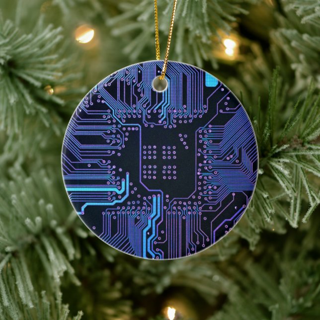 Cyber Blue PCB Circuit Board Trace Pattern Art Ceramic Ornament (Tree)