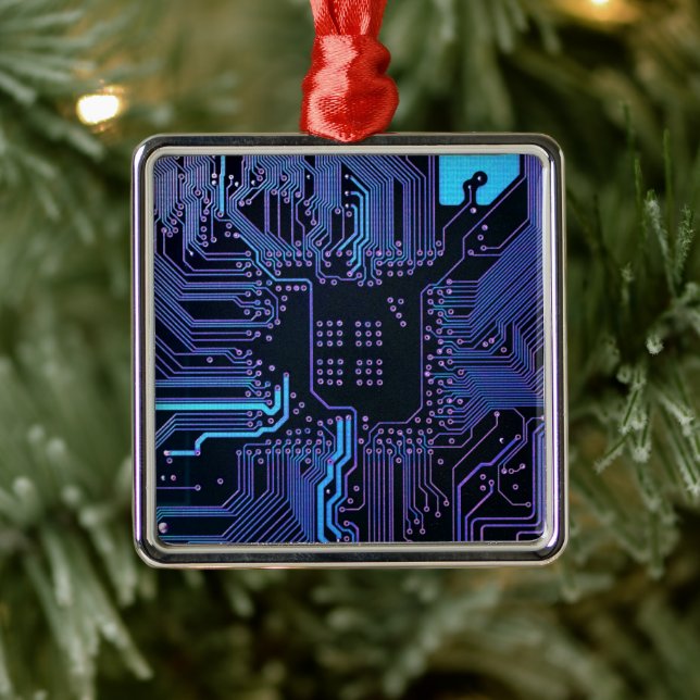 Cyber Blue PCB Circuit Board Trace Pattern Art Metal Ornament (Tree)