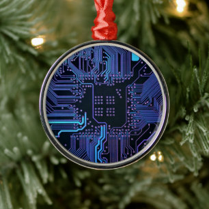 Cyber Blue PCB Circuit Board Trace Pattern Art Metal Ornament