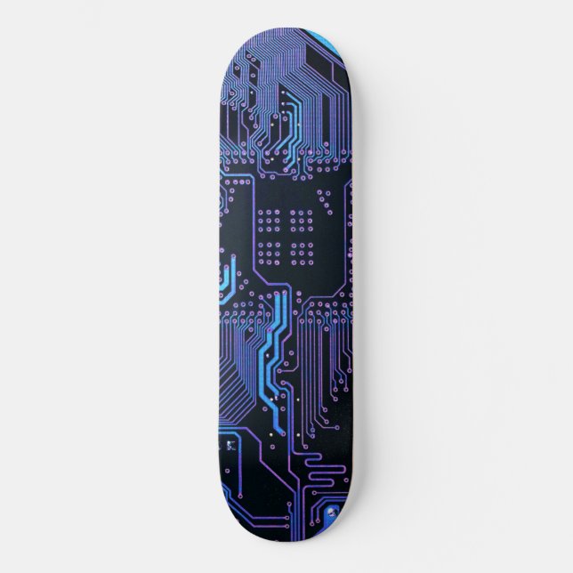 Cyber Blue PCB Circuit Board Trace Pattern Art Skateboard (Front)