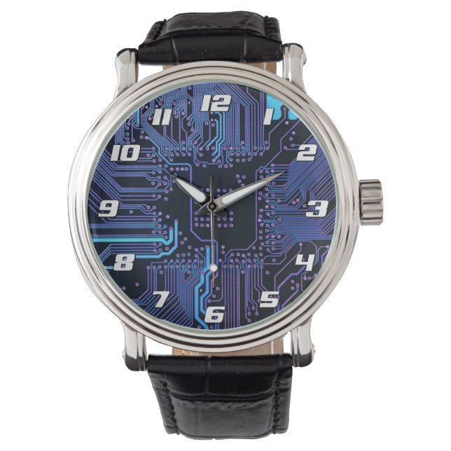 Cyber Blue PCB Circuit Board Trace Pattern Art Watch (Front)
