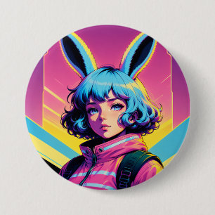 Cyber Bunny - Cute Retrowave Kemonomimi Girl 7.5 Cm Round Badge