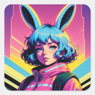Cyber Bunny - Cute Retrowave Kemonomimi Girl Square Sticker
