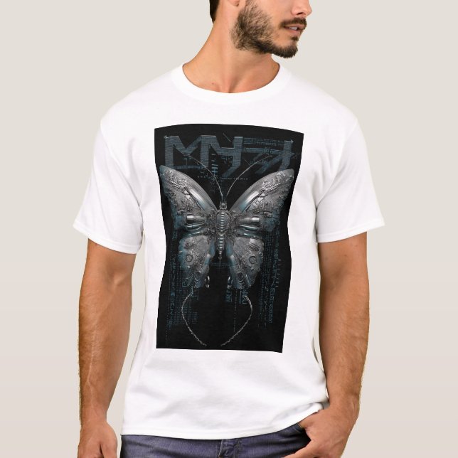 Cyber Butterfly — Biomechanical Wings on Black T-Shirt (Front)