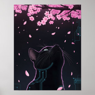 Cyber Cat Blossom Gaze   Noir Futuristic Feline Poster