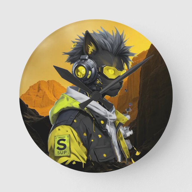 Cyber Cat | Futuristic Neon Hacker Cat Cyberpunk  Round Clock (Front)