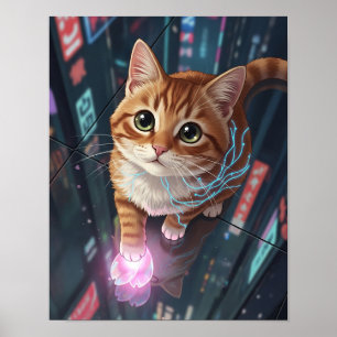 Cyber Cat Neon City   Urban Tabby Feline Poster