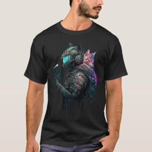Cyber Cat Protector Punk Synthwave Reading Futuris T-Shirt