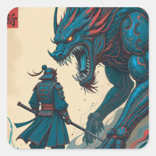 "Cyber Duel – Samurai vs Circuit Glyph Beast" Square Sticker