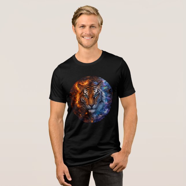 Cyber Elemental Tiger – Fire & Ice Fantasy Art Tri-Blend Shirt (Front Full)