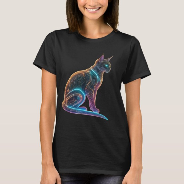 Cyber Feline: Neon Guardian T-Shirt (Front)