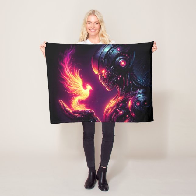 Cyber Futuristic Robot Phoenix Fire Spirit Fleece Blanket (In Situ)